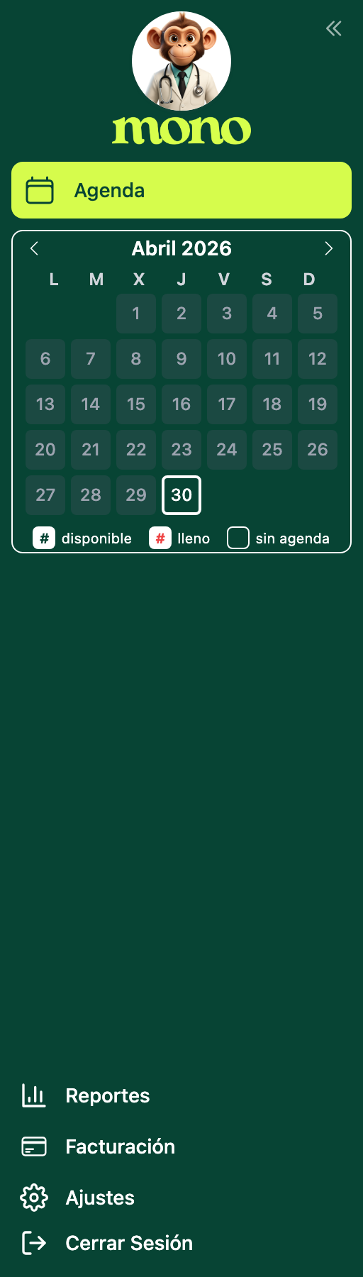 Menú lateral del médico con Agenda activa, mini-calendario, y los enlaces a Reportes, Facturación, Ajustes y Cerrar Sesión.