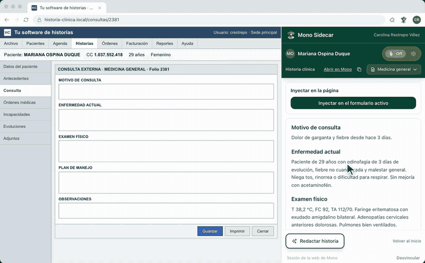 Recorrido: en el panel de Mono se hace clic en Inyectar en el formulario activo, Mono llena Motivo de consulta, Enfermedad actual, Examen físico y Plan de manejo en el formulario de la izquierda, luego se hace clic en el campo Observaciones y se elige la sección Análisis en el menú Insertar de Mono